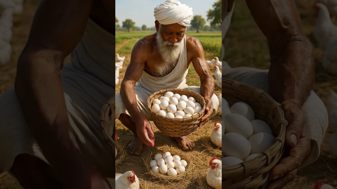 The man old feed chicken get alots eggs | 