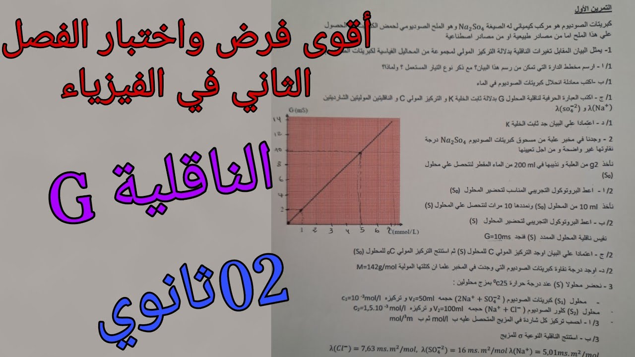 أقوى فرض واختبار الفصل الثاني في الفيزياء للسنة الثانية ثانوي حول تعيين كمية المادة عن طريق الناقلية