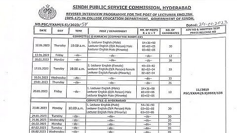 Revised Interview Schedule for post of lecturer English in college education department by #spsc