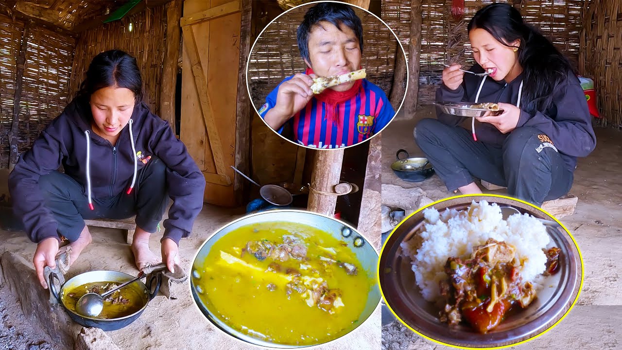 Buff Rice Person We are enjoying buff bone curry & rice || Manjita Cooking meal in shed ...