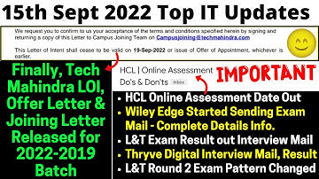 Tech Mahindra LOI, OL DOJ Out | HCL Wiley Edge Exam Mail | L&T Round 2 Thryve Digital Interview Mail