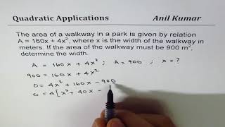 A = 160x + 4x^2 is Area of Walkway Find Width for 900 area