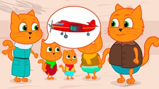 Cats Family in English - Traveling by plane Cartoon for Kids