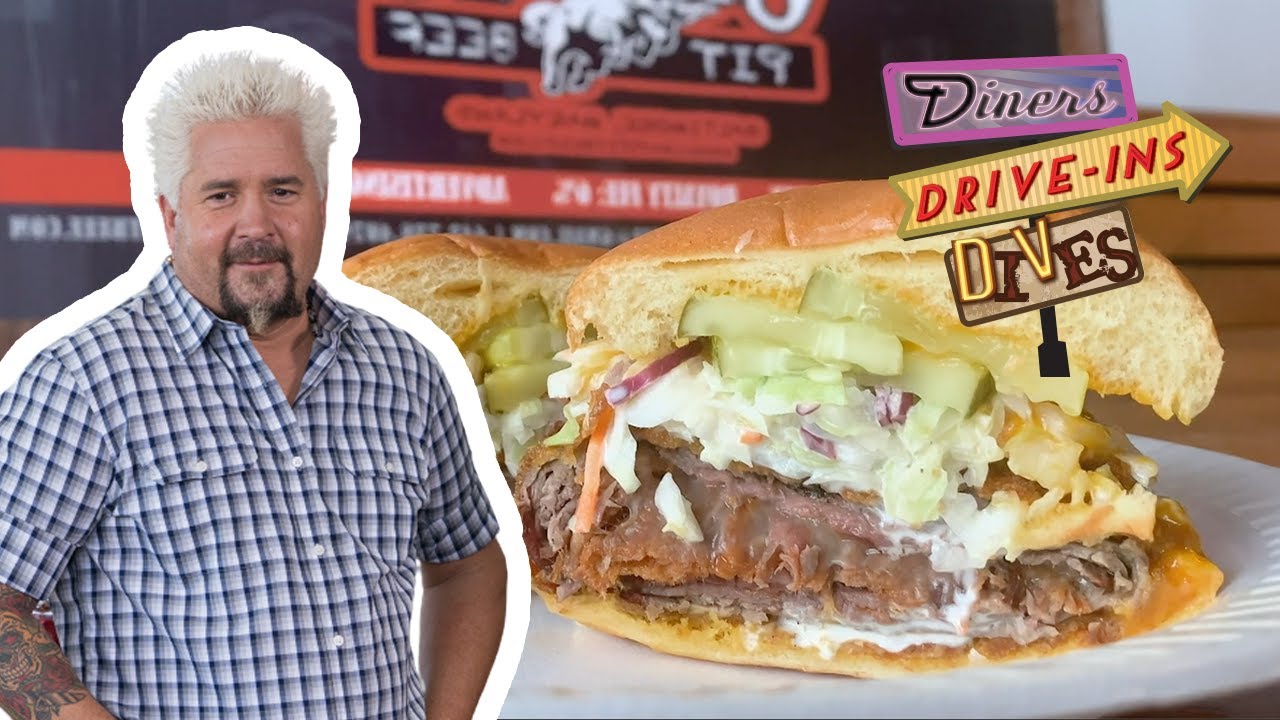 Guy Fieri Tries a Deep-Fried Pit Beef-Wrapped Pork Barbecue Sandwich | Diners, Drive-Ins and Dives | Food Network