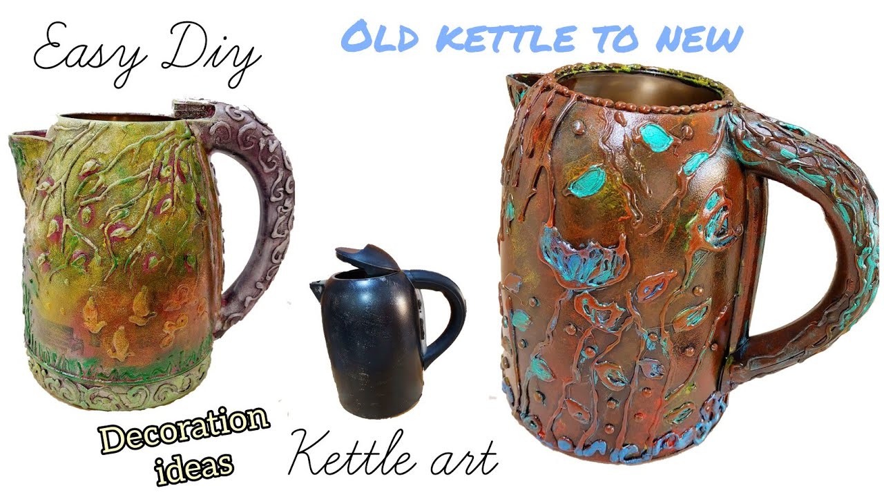 Reuse of old kettle/ How to design an old kettle with glue gun/ Acrylic painting/ Antique kettle