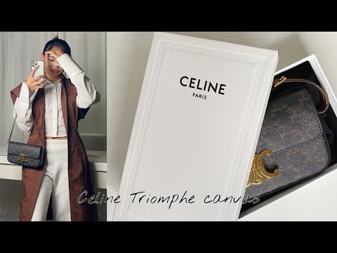 Celine Women Triomphe Shoulder Bag in Triomphe Canvas and Calfksin-White