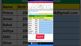 MS Excel Mein Gmail ID Kaise Banaye | Auto Gmail Generator Trick 🔥#excel #shortsfeed