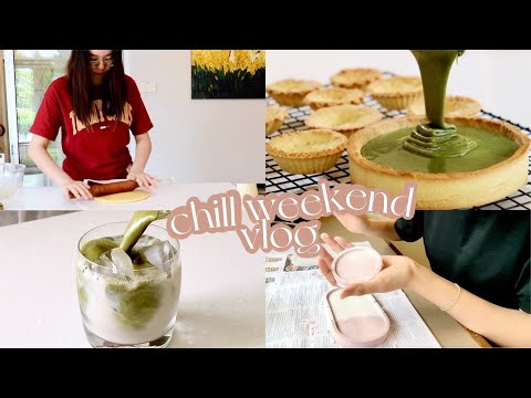 🍃 A chill and relaxing weekend | baking matcha tarts 🍵, DIY cement tray, animal crossing tour