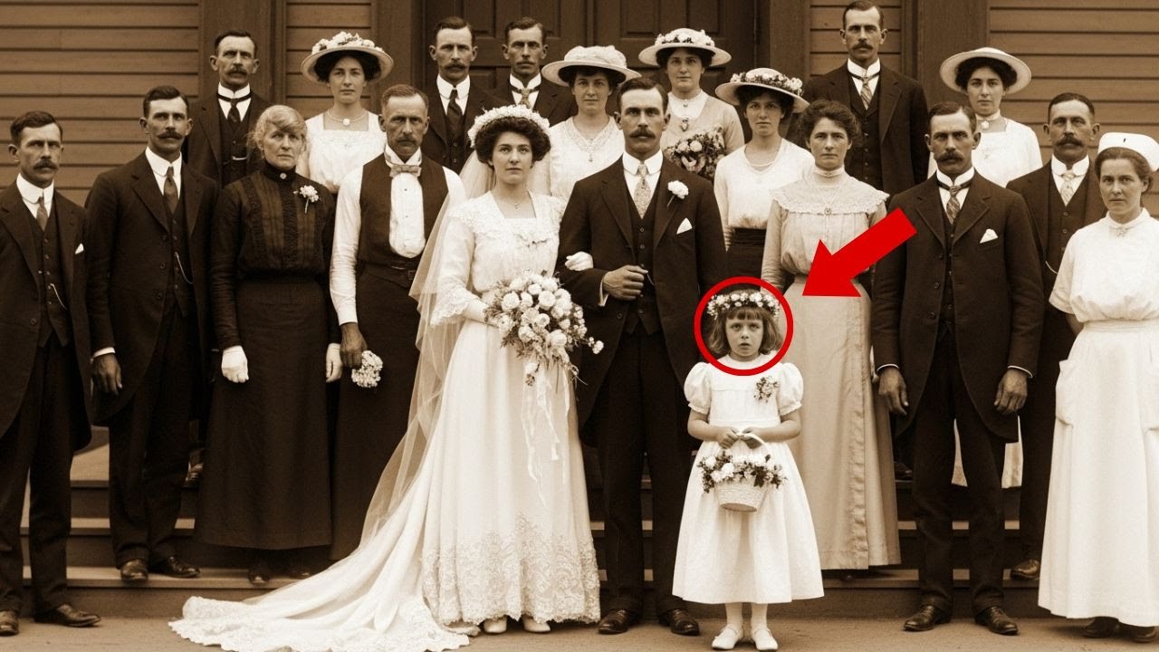 In 1913, a wedding photograph from Willow Creek, Montana, captured something unusual: while every adult posed with stern composure, the six-year-old flower girl stared into the camera with...