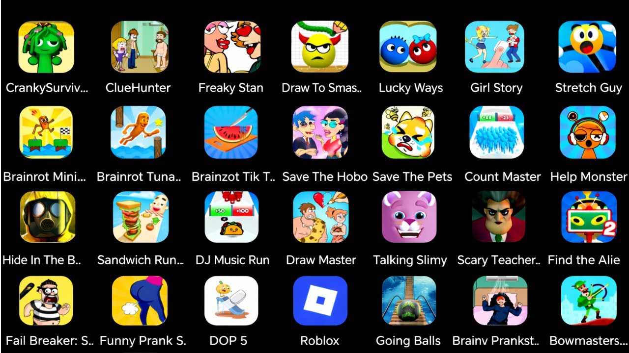 Bowmasters,Spranky Survival,Death Puzzle,Freaky Stan,Draw Master,Hide in Backrooms,DJ Music Run