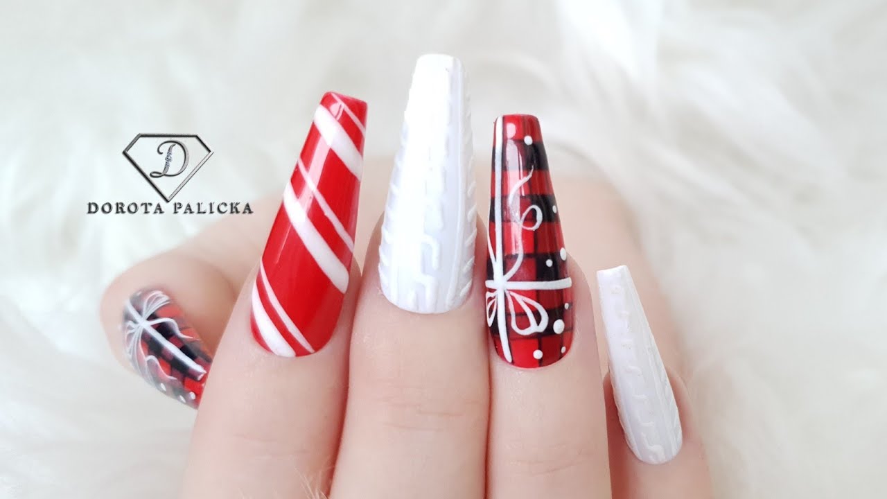Christmas nails. Christmas present nail art. Cable knit nail art, candy