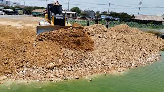 Stay Tuned!! The Giant Lake Landfill Use Bulldozer Push Rock and Dump Truck Unloading Rock in Lake