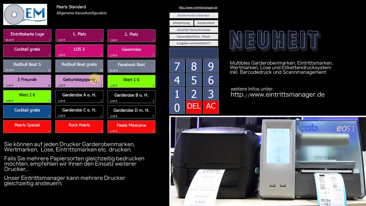 Eintrittsmanager Garderobenkasse, Eintrittskasse, Wertmarkendrucker