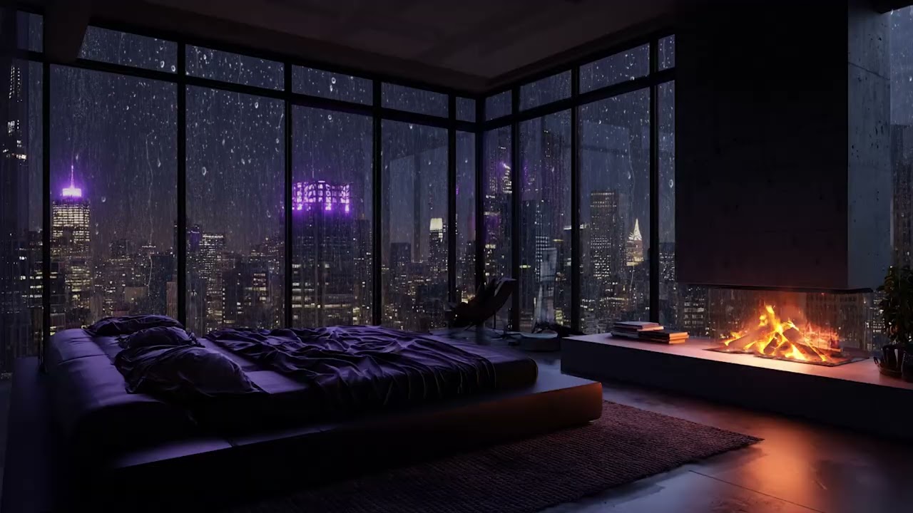 City Rain in the Quiet Night 🌙 | Slow Piano Fireplace for Relaxation & Focus