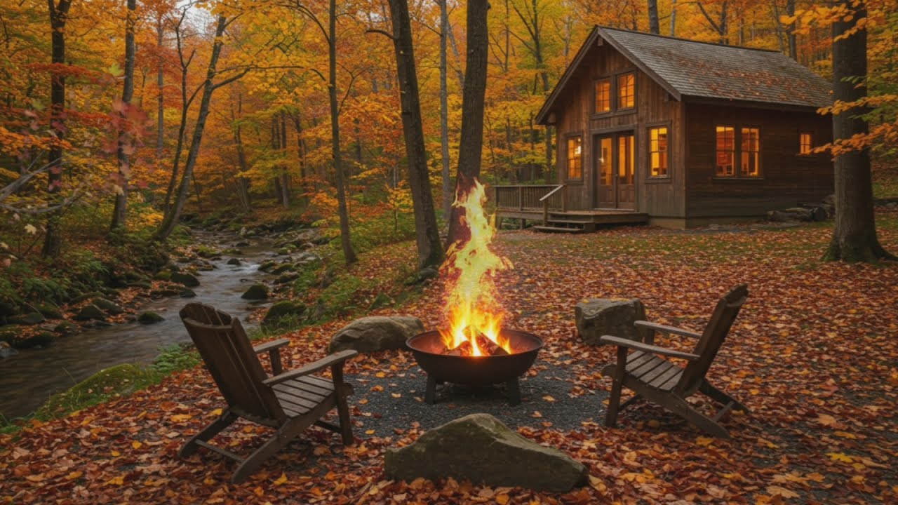 Autumn Riverside Cabin Morning Ambience 🔥🍂 Peaceful River, Crackling Fire & Birds Singing
