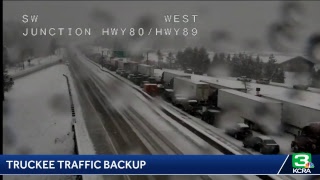 I-80 WB traffic being held at Truckee due to big rigs with traction issues, Caltrans says.