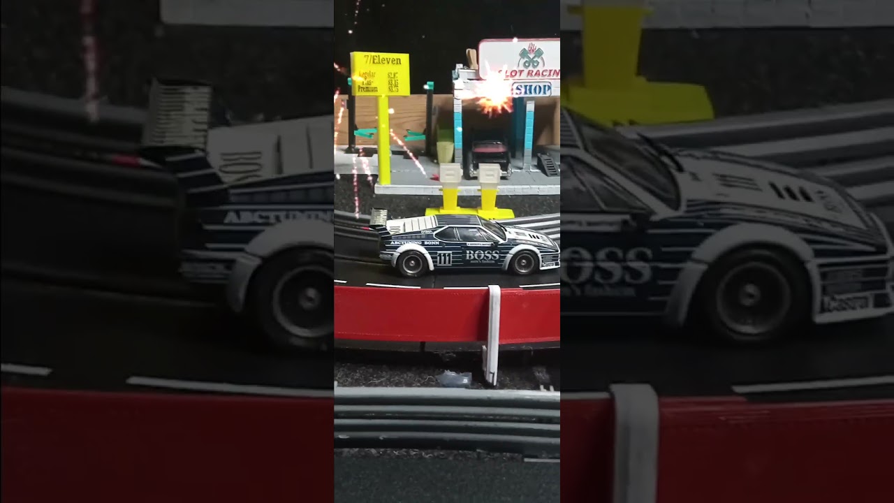 LITTLE UPGRADES 7 EVELEN GAS SIGN AND GAS PUMP ADDED TO OUT SLOT CAR TRACK 3D PRINTED BY US