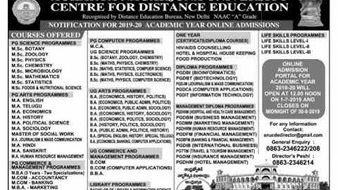 Notification for 2019-20 Academic year Online Admissions ANUCDE