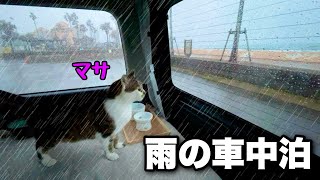 รถแคมป์ปิ้งกับแมว |ใช้เวลาอันเงียบสงบกับแมวบนชายฝั่งที่มีฝนตก