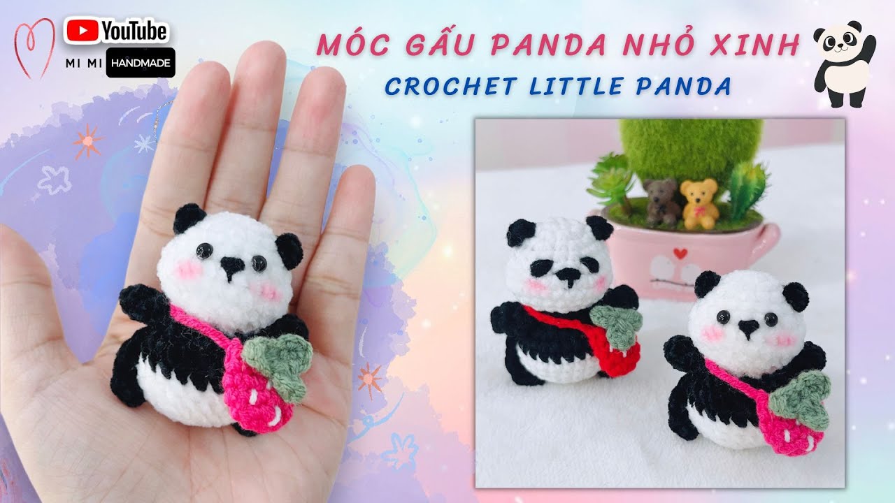 Móc Móc Khóa Gấu Panda Đeo Túi Dâu Nhỏ Xinh | Crochet Little Panda Keychain | Mimi Handmade