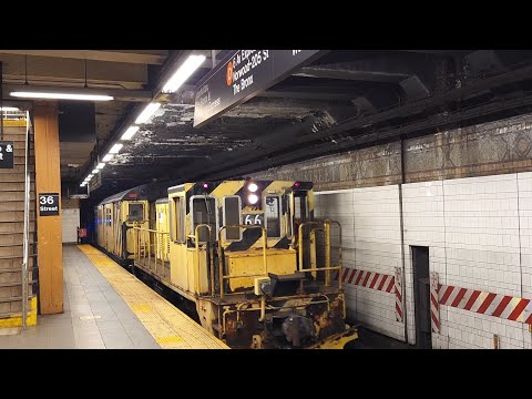 MTA NYC Subway Work Train Throttling Up through 36th Street with Wabcoo AA-2 Horn (R47 Locomotive)