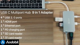 Andobil Usb C Hub 9-In-1 Adapter Dongle, 1Gbps Ethernet, Usb-C Power Delivery, 4K Hdmi