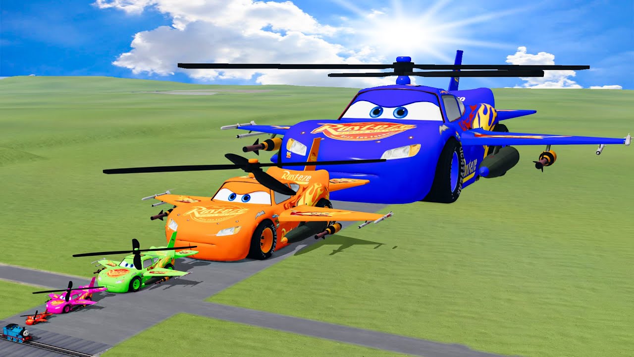 Big & Small Blue Helicopter Lightning Mcqueen vs Trains Thomas | BeamNG.Drive