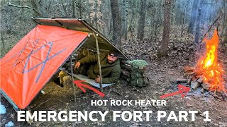 Solo Overnight Building an Emergency Fort In The Woods Part 1 Rock Heater with Bacon Steak Hobo Meal
