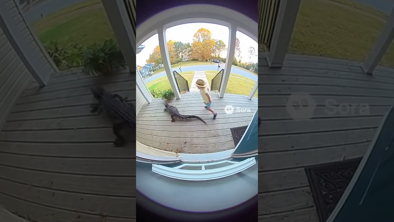 A hyper-realistic, found-footage style video captured from a wide-angle fisheye doorbell camera at