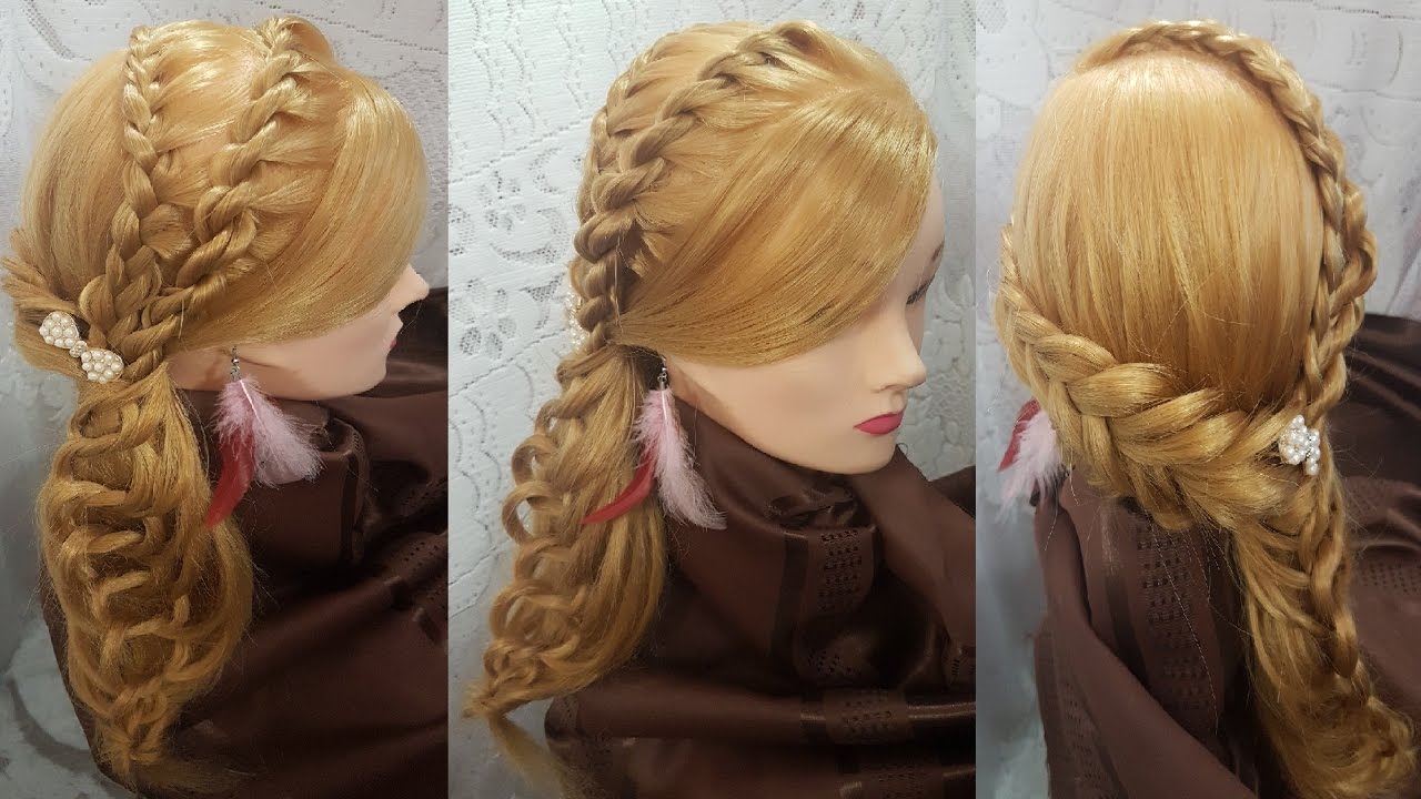 ⁣Прически вечерняя прическа на бок хвост и плетение косичек hairstyle быстрые красивые  в школу