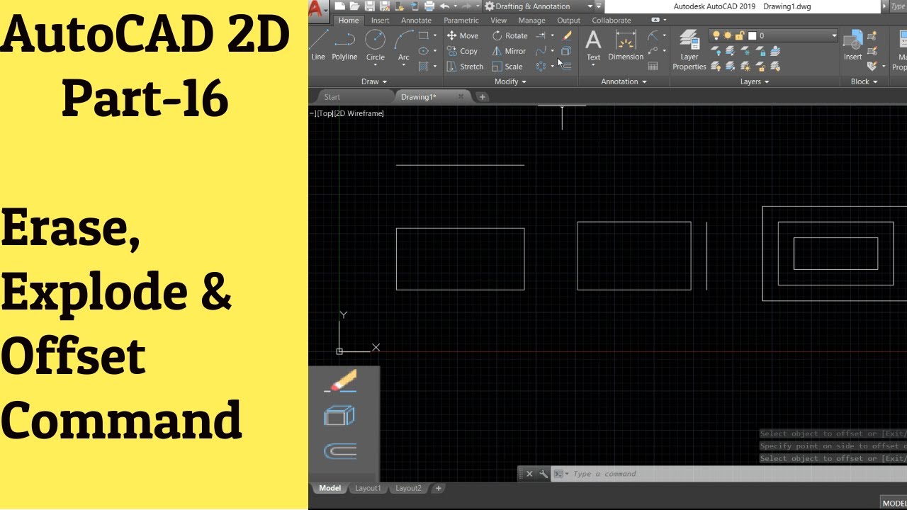 #16 AutoCAD 2D Tutorial- Erase, Explode and Offset Command - YouTube