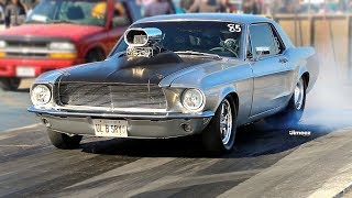 BADD BLOWN MUSTANG! 9 SEC WHEELS UP PRO STREET! BYRON DRAGWAY!