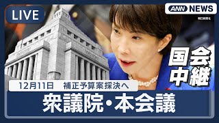 【国会中継ライブ】衆議院・本会議｜今年度補正予算案が衆院通過  総額18兆円超  自民・維新のほか国民、公明も賛成【LIVE】(2025年12月11日) ANN/テレ朝