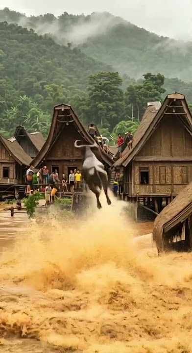 KERBAU PANIK NAIK KE ATAP! Desa Ini Diterjang Banjir Bandang Mengerikan 😱🌊 #shorts