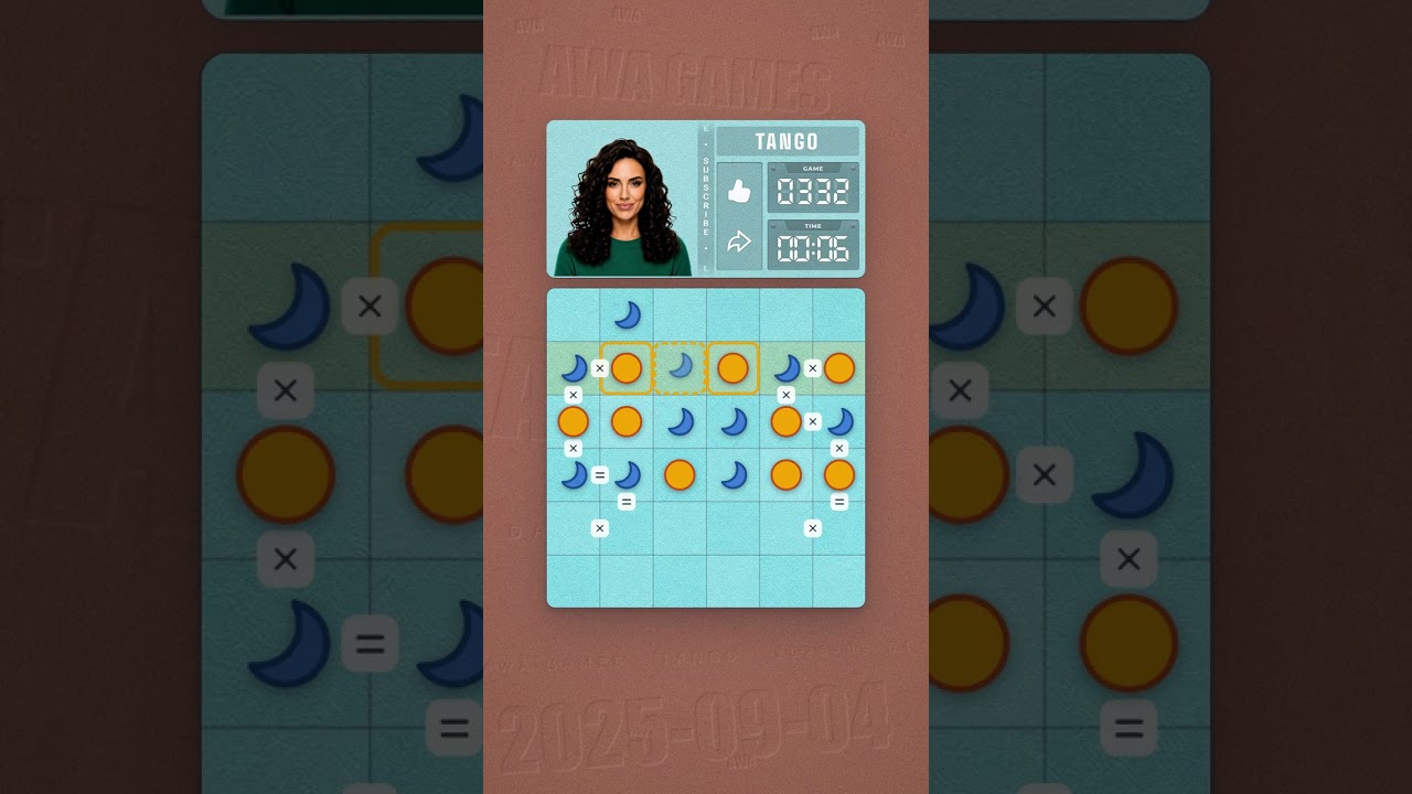 LinkedIn Tango #332 solved board for September 4, 2025, 6x6 grid