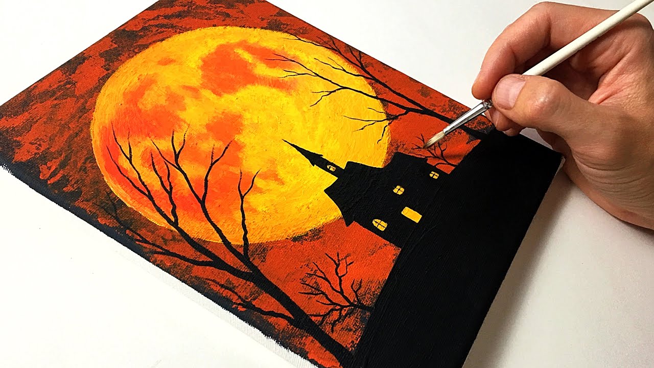 Easy Haunted House for Beginners | Halloween Acrylic Painting Tutorial ...