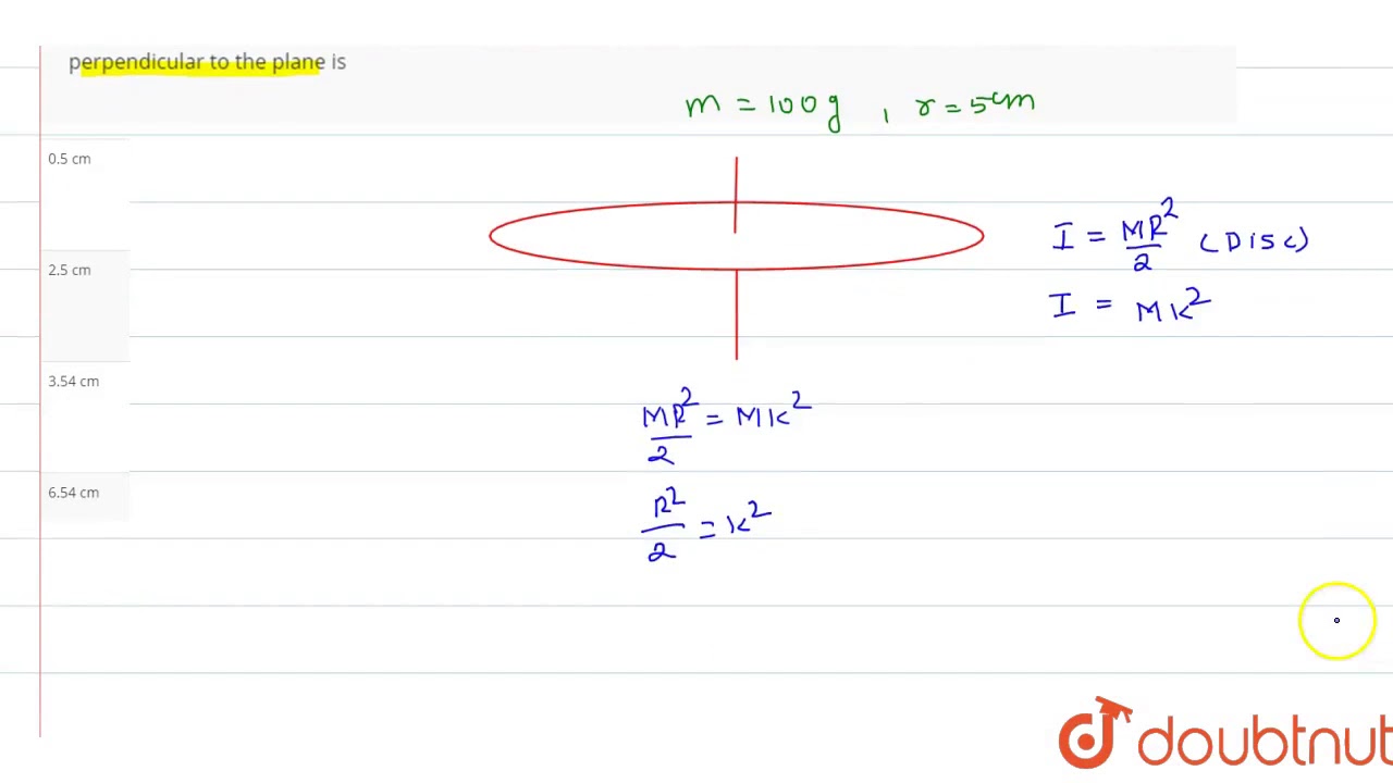 The radius of gyration of a disc of mass 100 g and radius 5 cm about an