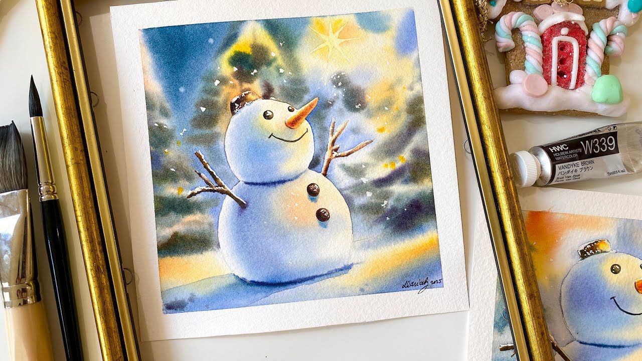 Нарисуйте эту очаровательную открытку со снеговиком вместе со мной акварелью 
