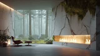 Modern Zen Retreat in a Misty Forest 🌫️ Cozy Marble Fireplace & Relaxing Piano Music