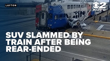 SUV hit by FrontRunner train after being rear-ended by pickup in Layton