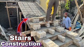 Building Stairs Construction Work || House Stairs Rod Binding And Concrete - Full Process