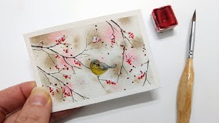 REAL TIME Watercolor winter yellow finch painting tutorial» How to paint snow berries for beginners