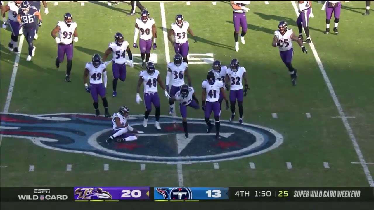 Baltimore Ravens' celebration on Tennessee Titans' logo about ...