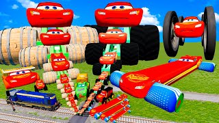 TRANSPORTING PIXAR CARS & FRUITS WITH COLORED & JOHN DEERE vs CLAAS vs TRACTORS - BeamNG.drive