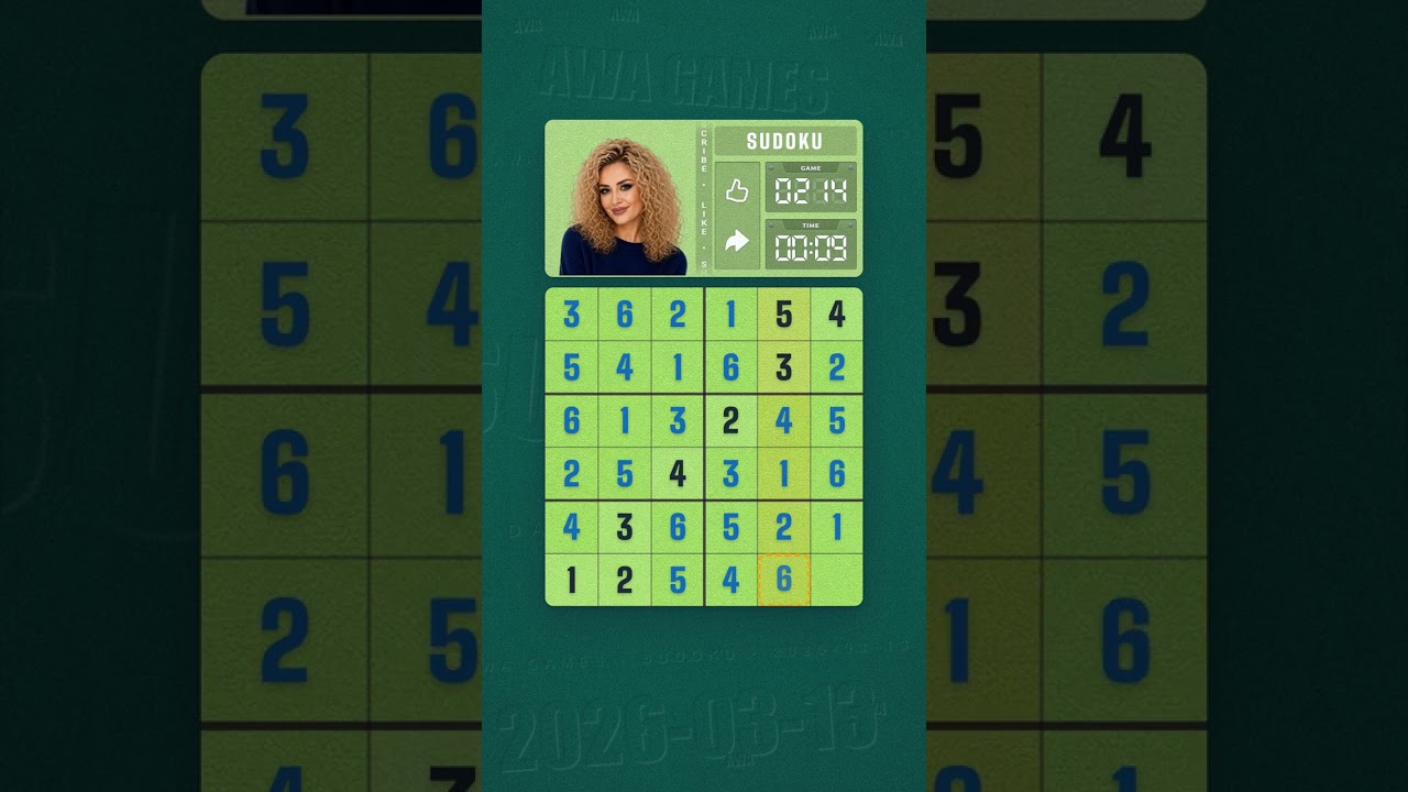 LinkedIn Mini Sudoku #214 solved board for March 13, 2026, 6x6 grid