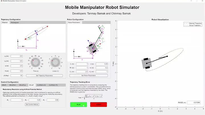 Mobile Manipulator Robot | Redundancy Resolution - MAPM | Elliptical Trajectory | MATLAB GUI