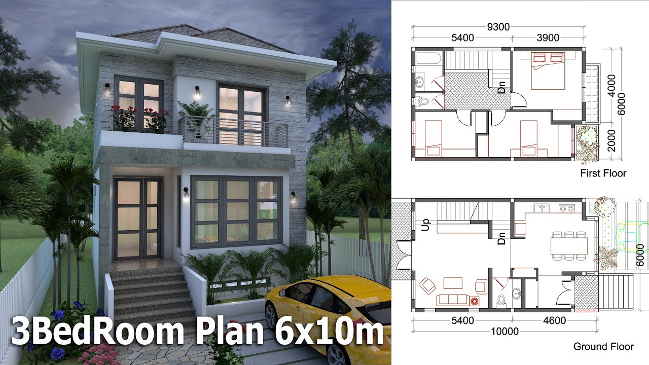 SketchUp Small  Home  Design  Plan  6x10m with 3 Bedrooms 