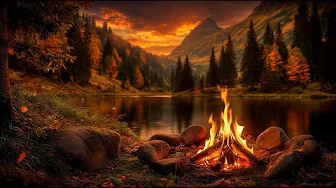 Cozy Fall Vibes with Lakeside Campfire  π Autumn Forest Fireplace, Water & Birds Sounds π