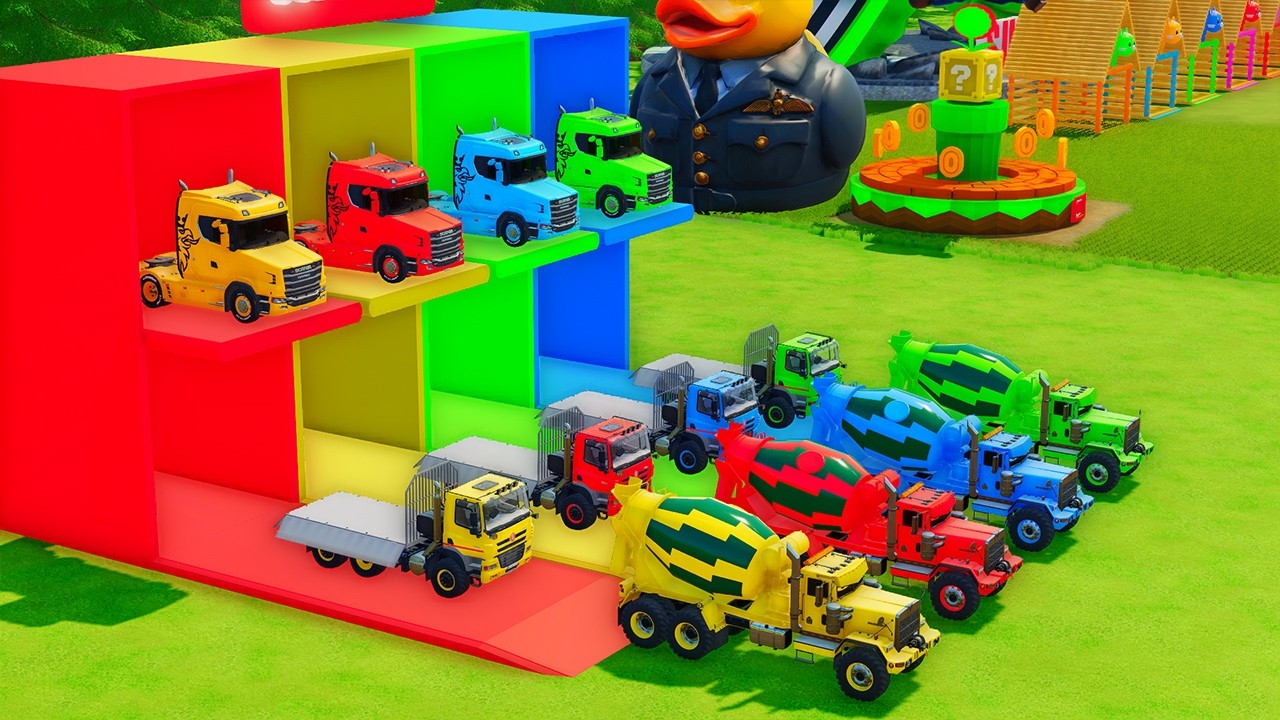 Garage with Colors - ALL MIXER TRUCK WITH DOUBLE FLATBED TRAILER TRUCK, DAF, FREIGHTLINER, MACK