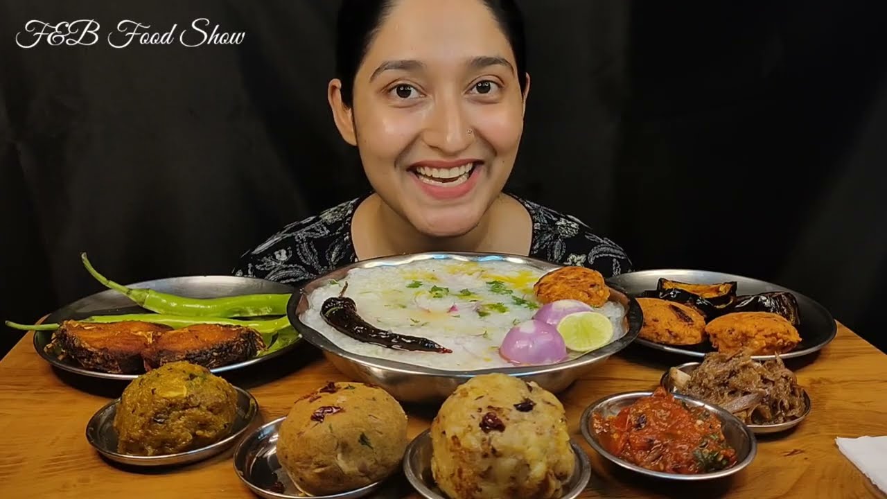 Eating Panta Bhat Different types of Bhorta Fish Fry Pakora/Eating Show/Poita Bhat/Fermented Rice